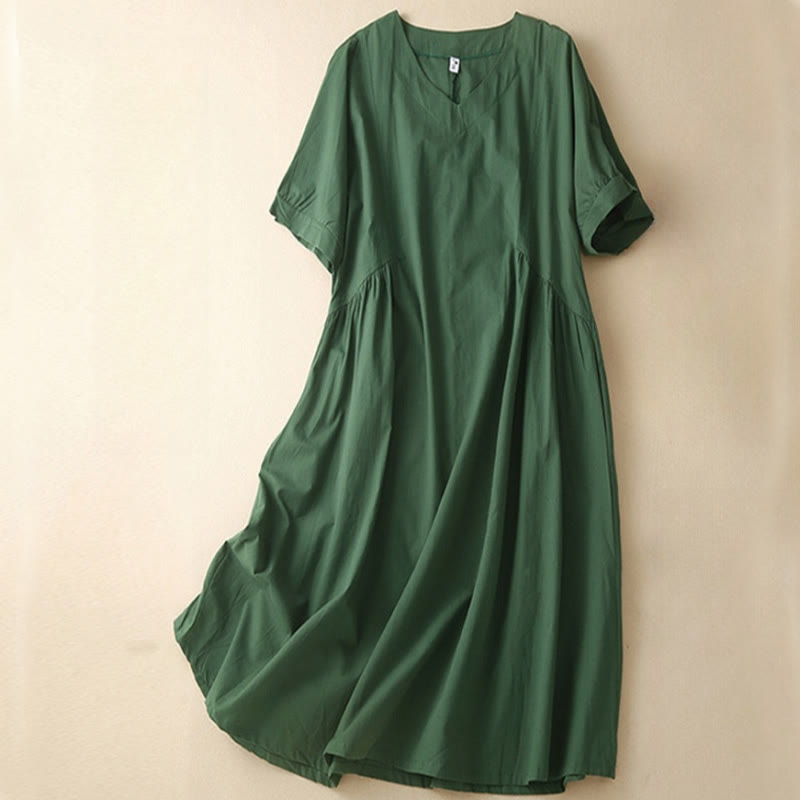 Vestido midi de algodón con cuello en V, manga corta y bolsillos, diseño casual de Buddha Stones en colores puros - Verde oscuro - US8-10，UK/AU12-14，EU40-42 (2XL) - image 0