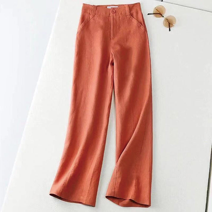 Pantalones anchos de lino y algodón de cintura alta para mujer, estilo retro, con bolsillos y estampados de Buddha Stones