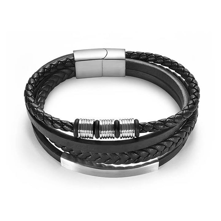 Pulsera de cuero, titanio, acero y hebilla magnética tejida a mano con Buddha Stones