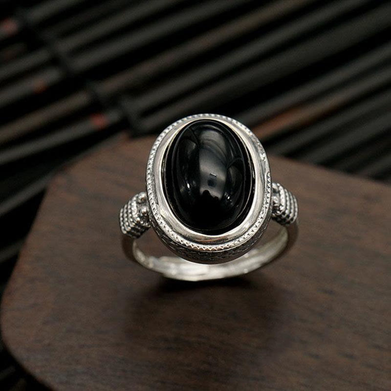 Anillo de protección ajustable de ónix negro natural con Buddha Stones