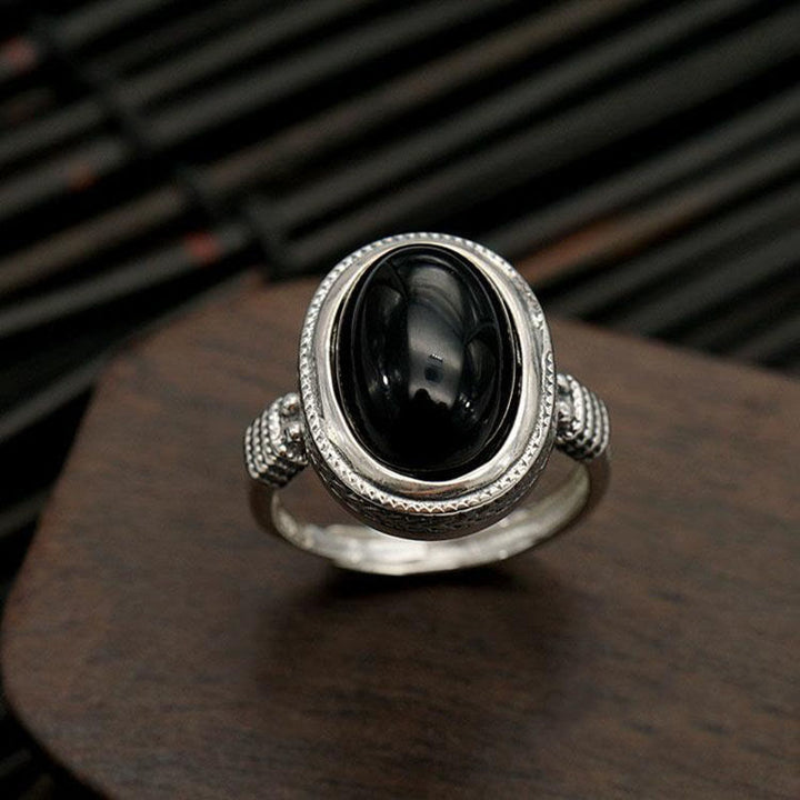 Anillo de protección ajustable de ónix negro natural con Buddha Stones