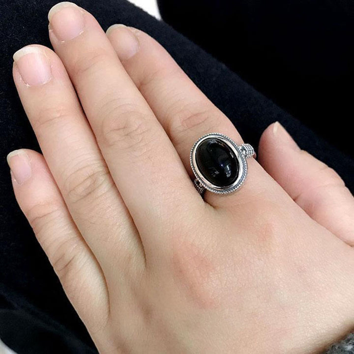 Anillo de protección ajustable de ónix negro natural con Buddha Stones