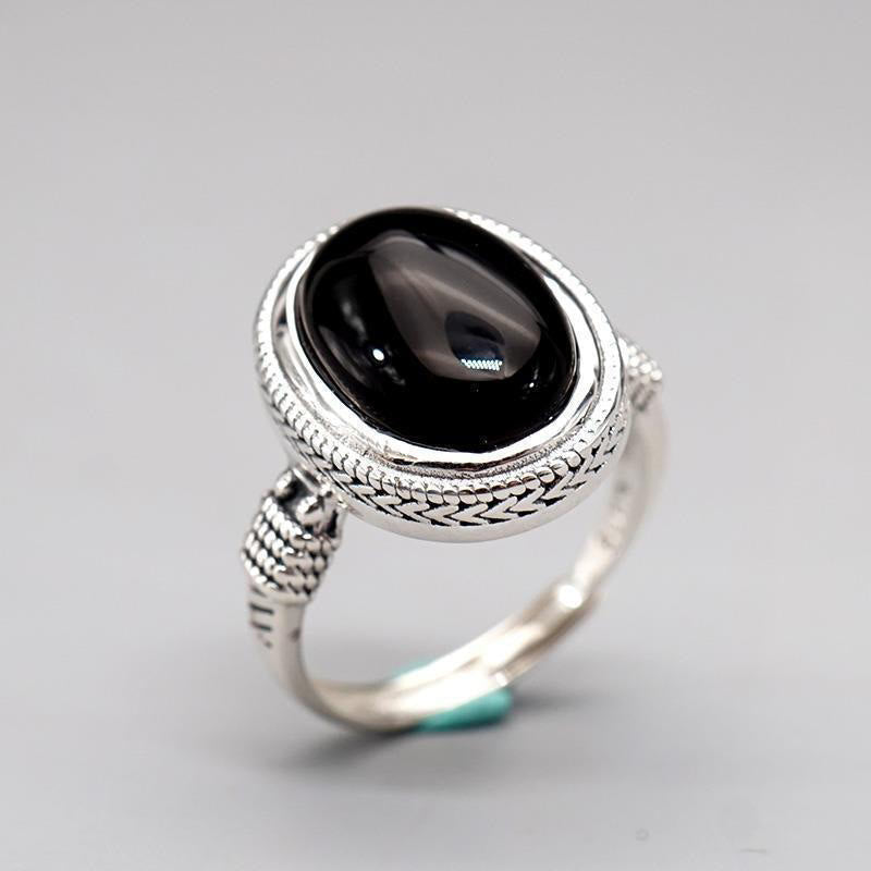 Anillo de protección ajustable de ónix negro natural con Buddha Stones