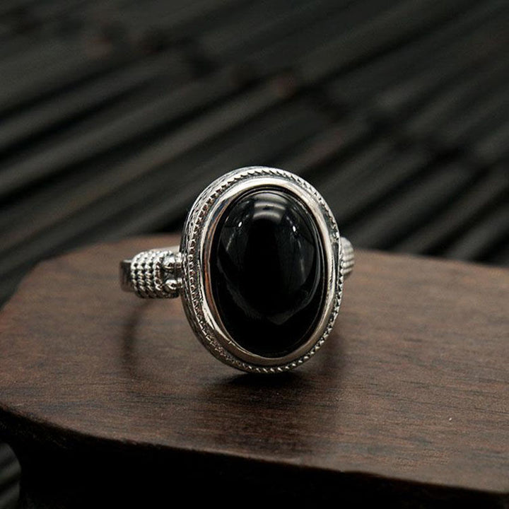Anillo de protección ajustable de ónix negro natural con Buddha Stones