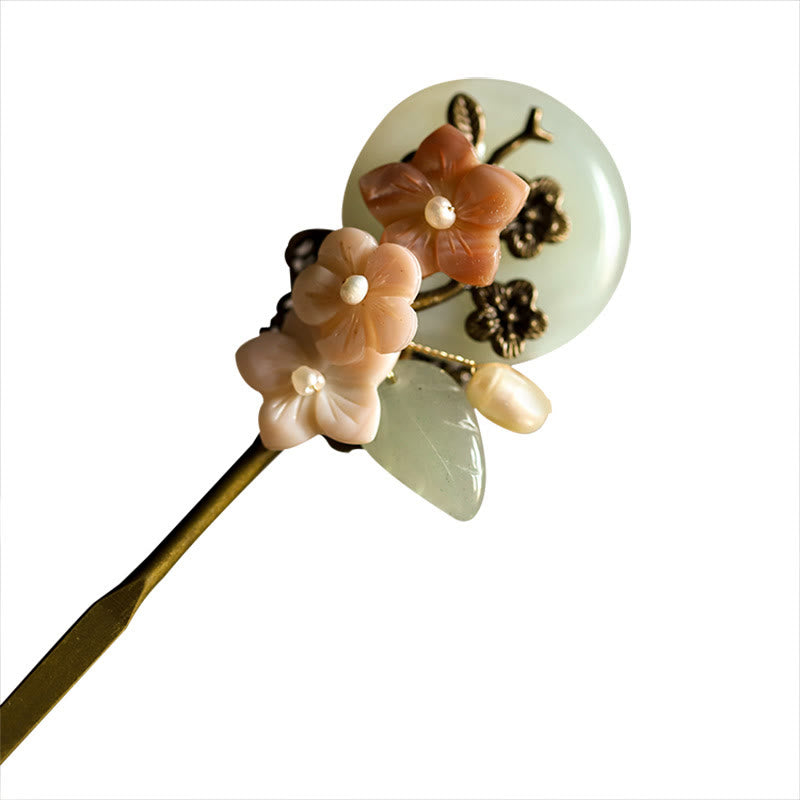 Horquilla de la suerte con Buddha Stones, cobre, jade, concha, flores y hojas