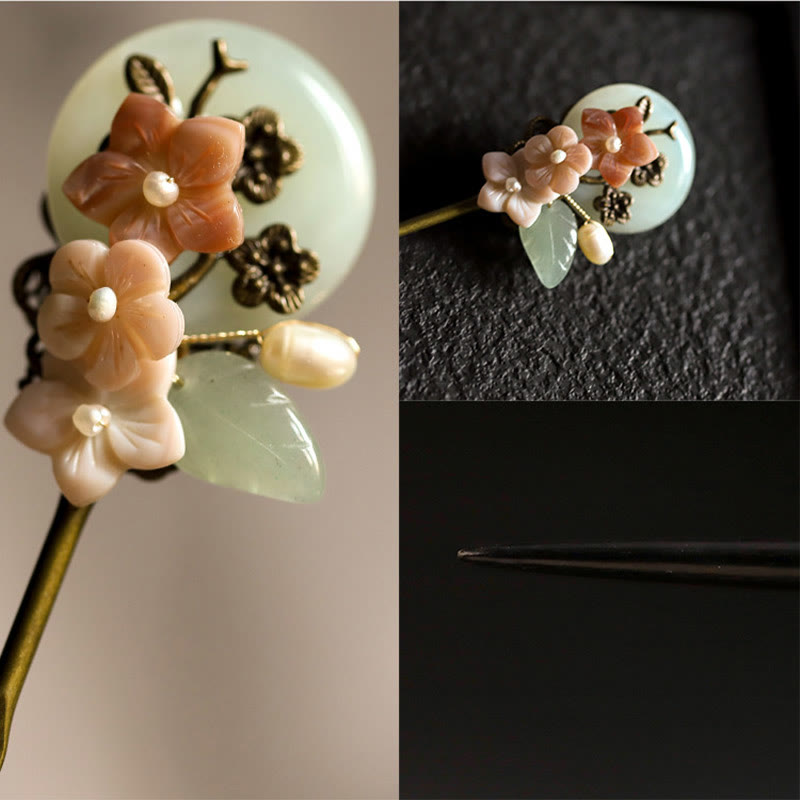 Horquilla de la suerte con Buddha Stones, cobre, jade, concha, flores y hojas