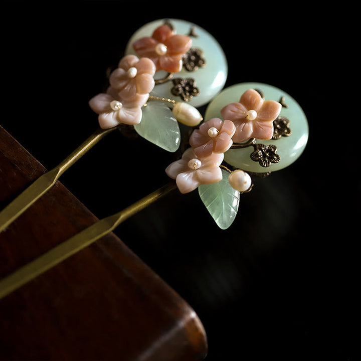 Horquilla de la suerte con Buddha Stones, cobre, jade, concha, flores y hojas