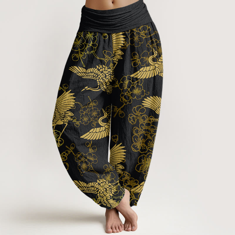 Pantalones harén con cintura elástica para mujer con estampado de flores y grullas de Buddha Stones - Negro - US22，UK/AU26，EU54 (6XL) - image 1