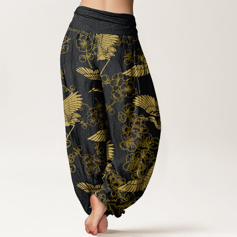 Pantalones harén con cintura elástica para mujer con estampado de flores y grullas de Buddha Stones - image 2