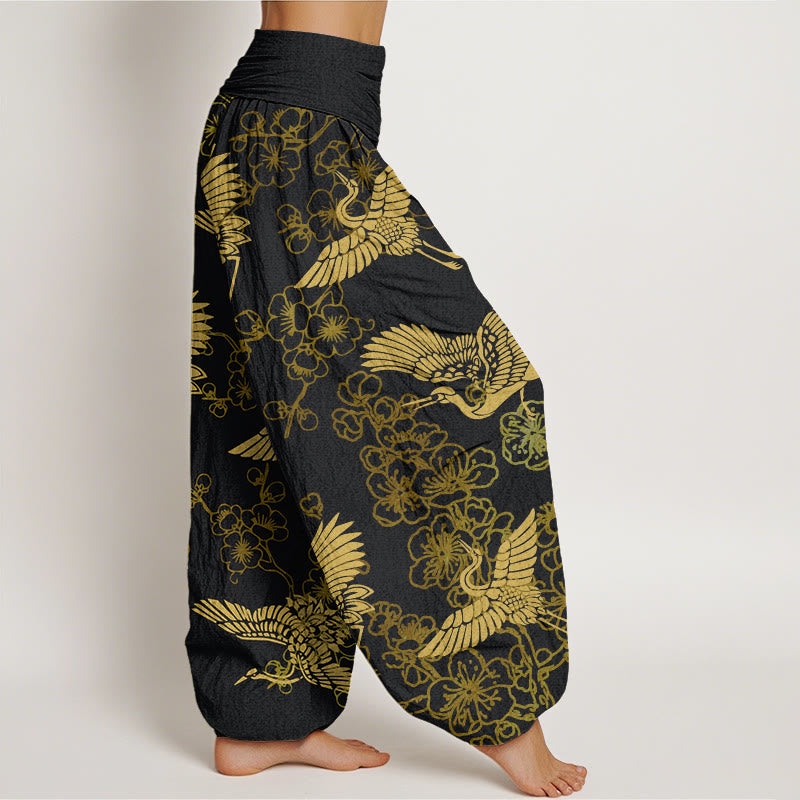 Pantalones harén con cintura elástica para mujer con estampado de flores y grullas de Buddha Stones - image 3