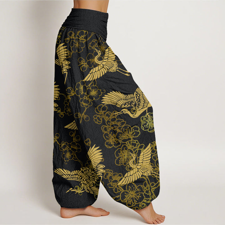 Pantalones harén con cintura elástica para mujer con estampado de flores y grullas de Buddha Stones - image 3