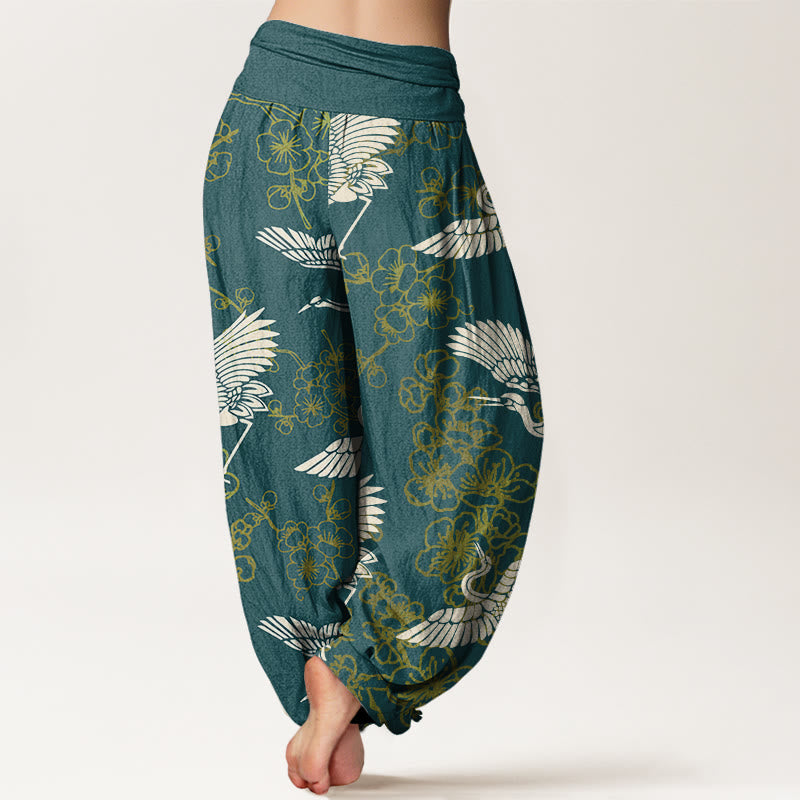 Pantalones harén con cintura elástica para mujer con estampado de flores y grullas de Buddha Stones - image 6
