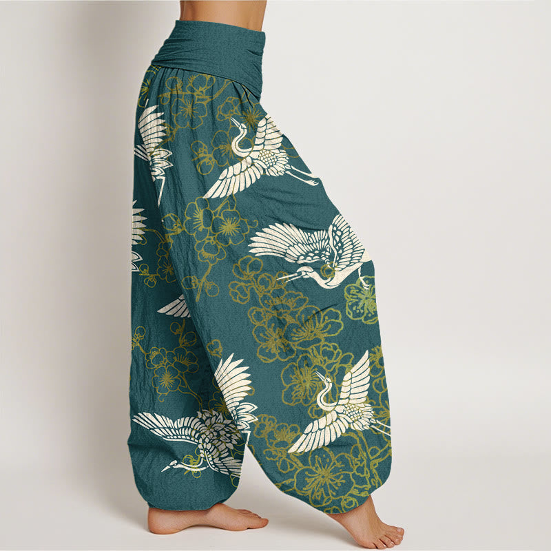 Pantalones harén con cintura elástica para mujer con estampado de flores y grullas de Buddha Stones - image 7