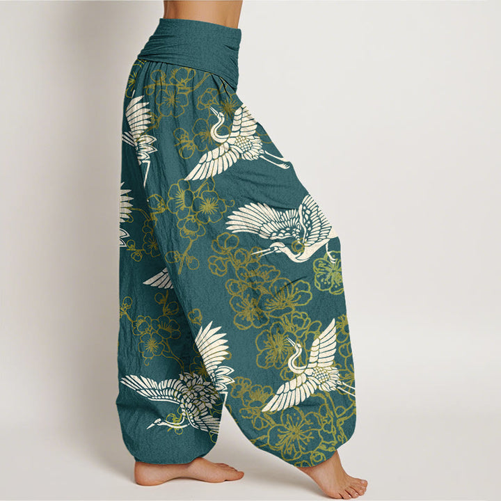 Pantalones harén con cintura elástica para mujer con estampado de flores y grullas de Buddha Stones - image 7