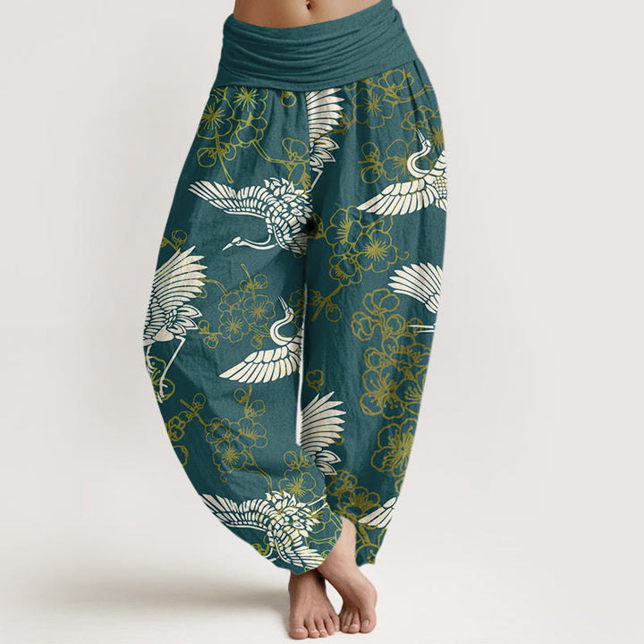 Pantalones harén con cintura elástica para mujer con estampado de flores y grullas de Buddha Stones - Verdemar - US22，UK/AU26，EU54 (6XL) - image 5