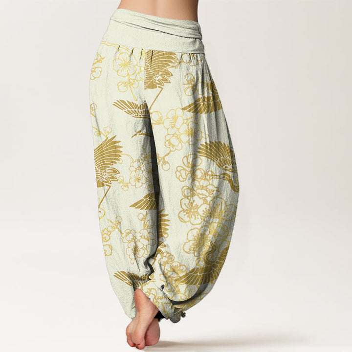 Pantalones harén con cintura elástica para mujer con estampado de flores y grullas de Buddha Stones - image 9