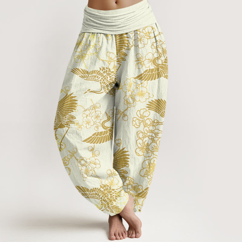 Pantalones harén con cintura elástica para mujer con estampado de flores y grullas de Buddha Stones - Amarillo claro - US22，UK/AU26，EU54 (6XL) - image 8
