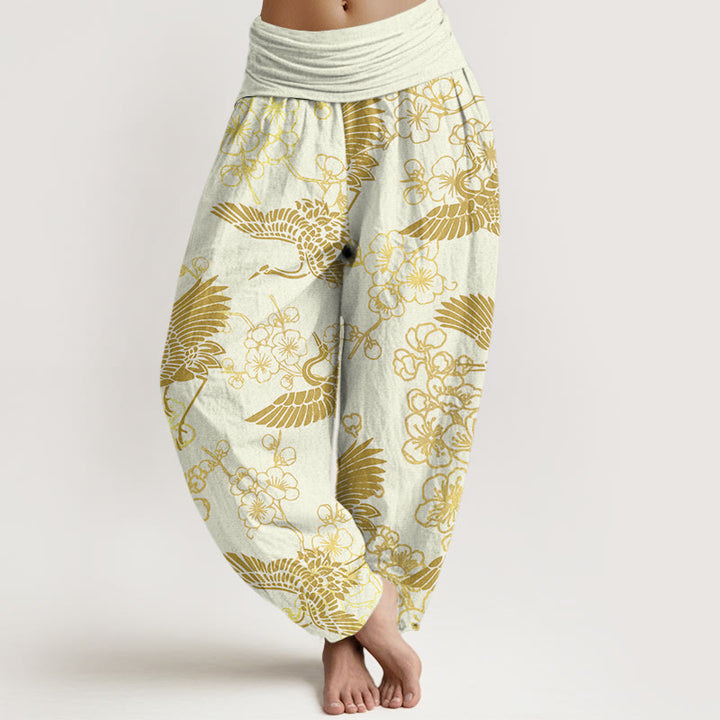 Pantalones harén con cintura elástica para mujer con estampado de flores y grullas de Buddha Stones - Amarillo claro - US22，UK/AU26，EU54 (6XL) - image 8