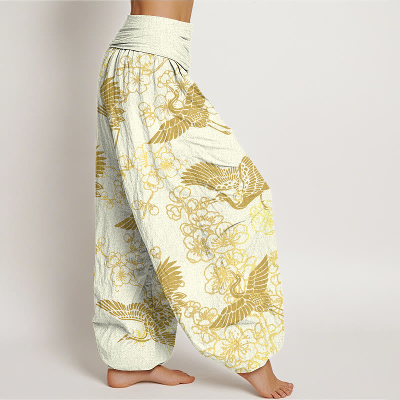 Pantalones harén con cintura elástica para mujer con estampado de flores y grullas de Buddha Stones - image 10