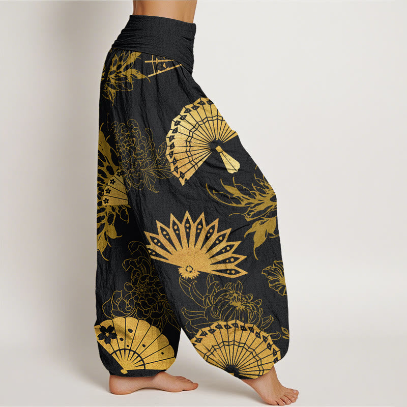 Pantalones harén con cintura elástica para mujer con estampado de flores y abanicos de piedras de Buddha Stones - image 3