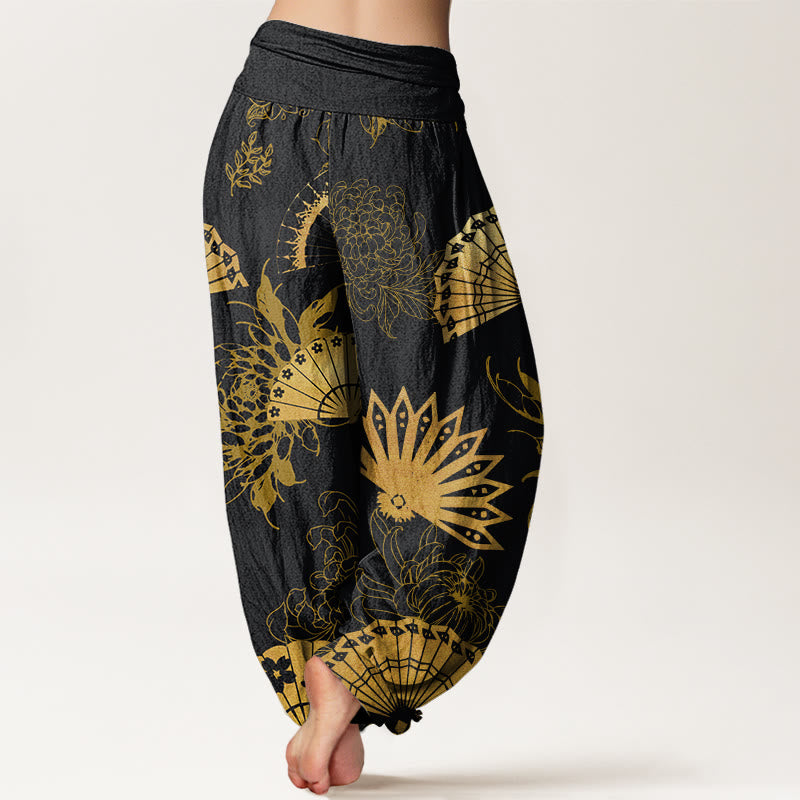 Pantalones harén con cintura elástica para mujer con estampado de flores y abanicos de piedras de Buddha Stones - image 2