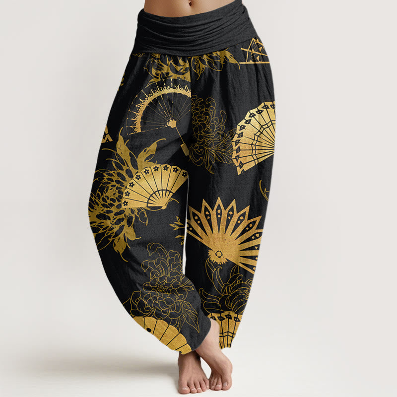 Pantalones harén con cintura elástica para mujer con estampado de flores y abanicos de piedras de Buddha Stones - Negro - US22，UK/AU26，EU54 (6XL) - image 1