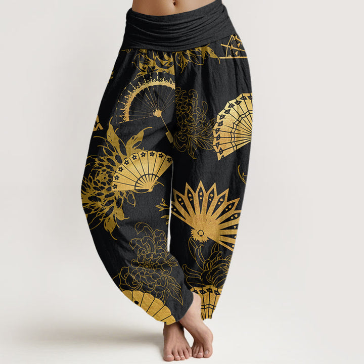 Pantalones harén con cintura elástica para mujer con estampado de flores y abanicos de piedras de Buddha Stones - Negro - US22，UK/AU26，EU54 (6XL) - image 1