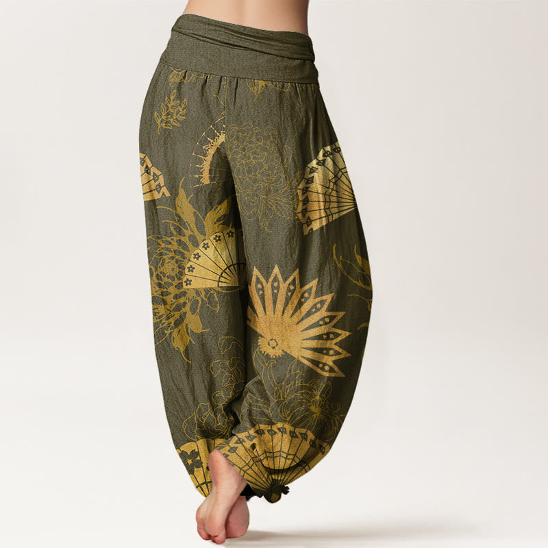 Pantalones harén con cintura elástica para mujer con estampado de flores y abanicos de piedras de Buddha Stones - image 6