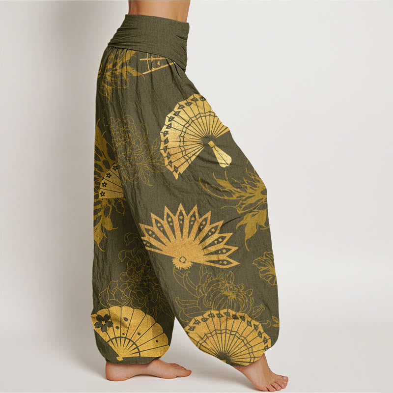 Pantalones harén con cintura elástica para mujer con estampado de flores y abanicos de piedras de Buddha Stones - image 7