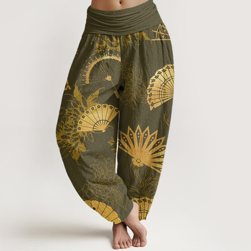 Pantalones harén con cintura elástica para mujer con estampado de flores y abanicos de piedras de Buddha Stones - Aceituna - US22，UK/AU26，EU54 (6XL) - image 5