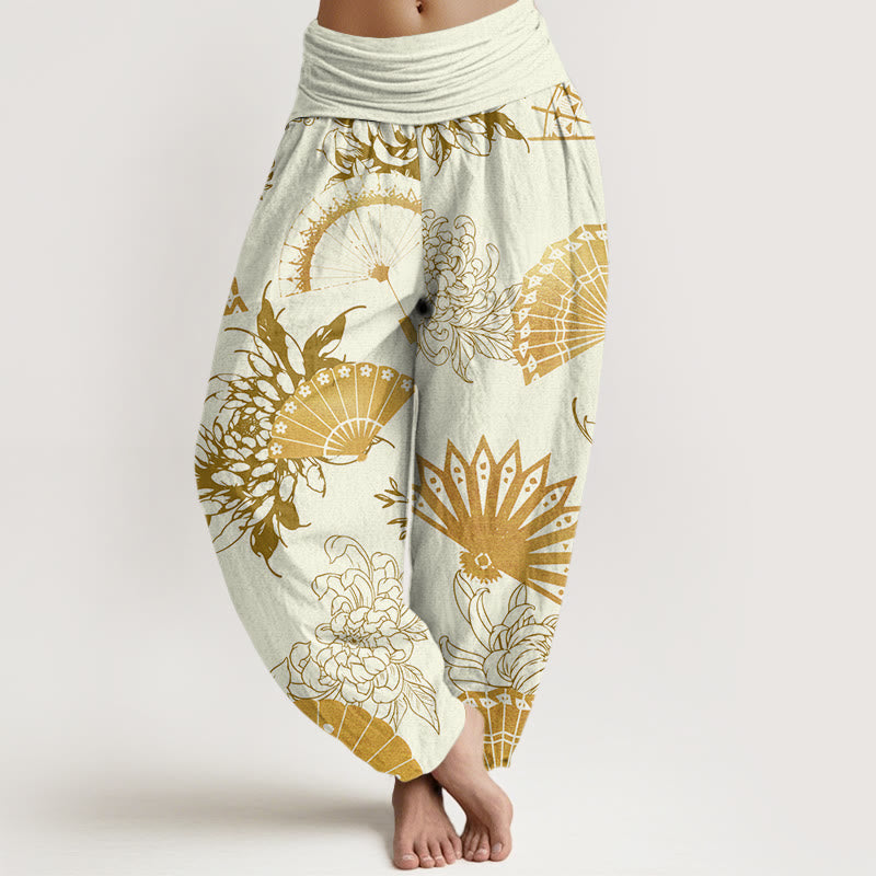 Pantalones harén con cintura elástica para mujer con estampado de flores y abanicos de piedras de Buddha Stones - Barba de maíz - US22，UK/AU26，EU54 (6XL) - image 8
