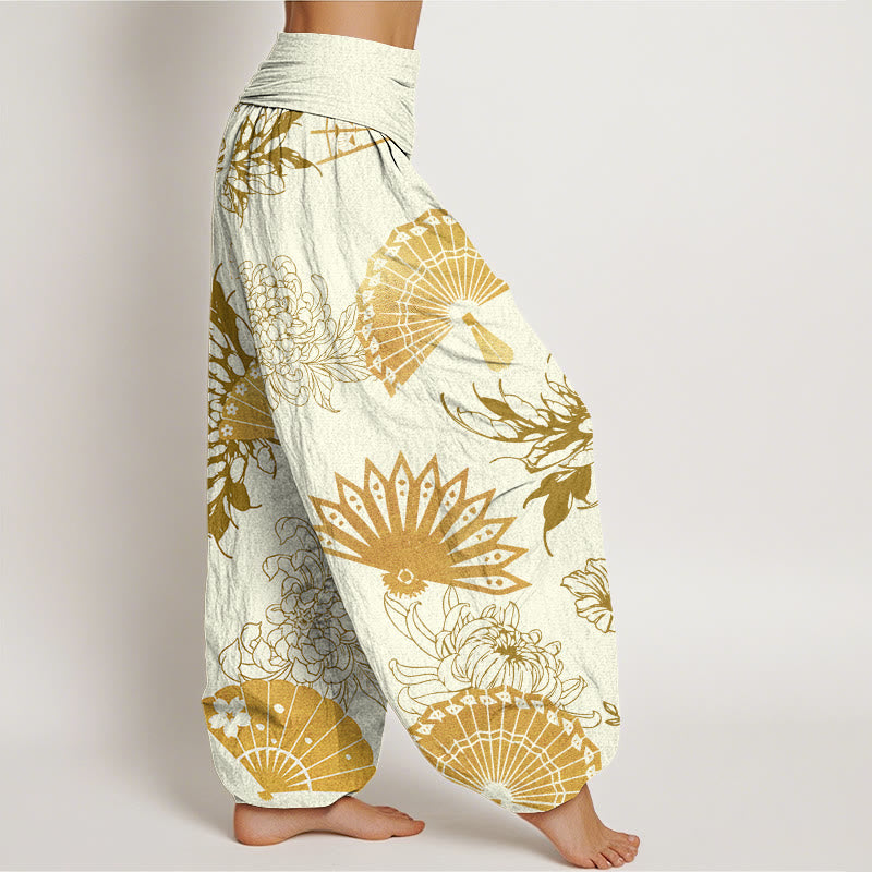Pantalones harén con cintura elástica para mujer con estampado de flores y abanicos de piedras de Buddha Stones - image 10