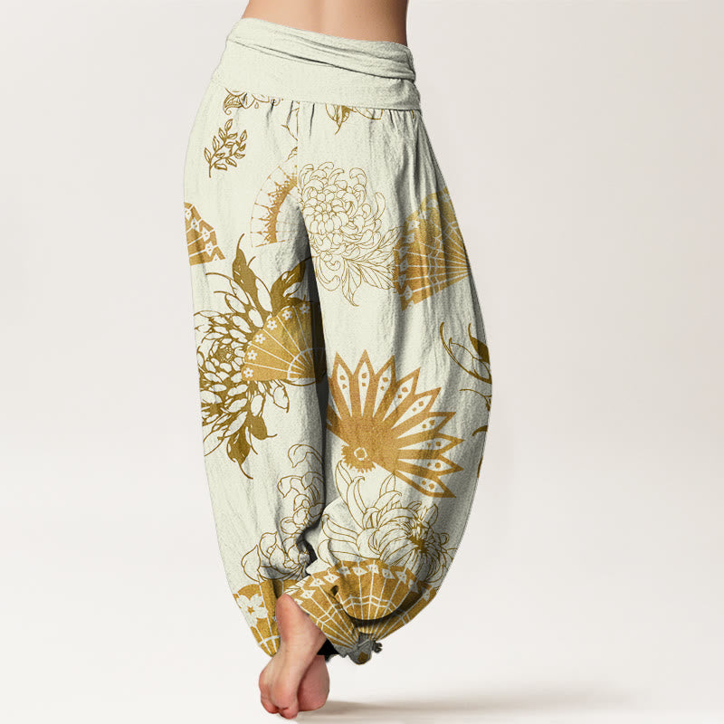 Pantalones harén con cintura elástica para mujer con estampado de flores y abanicos de piedras de Buddha Stones - image 9