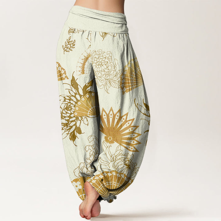 Pantalones harén con cintura elástica para mujer con estampado de flores y abanicos de piedras de Buddha Stones - image 9