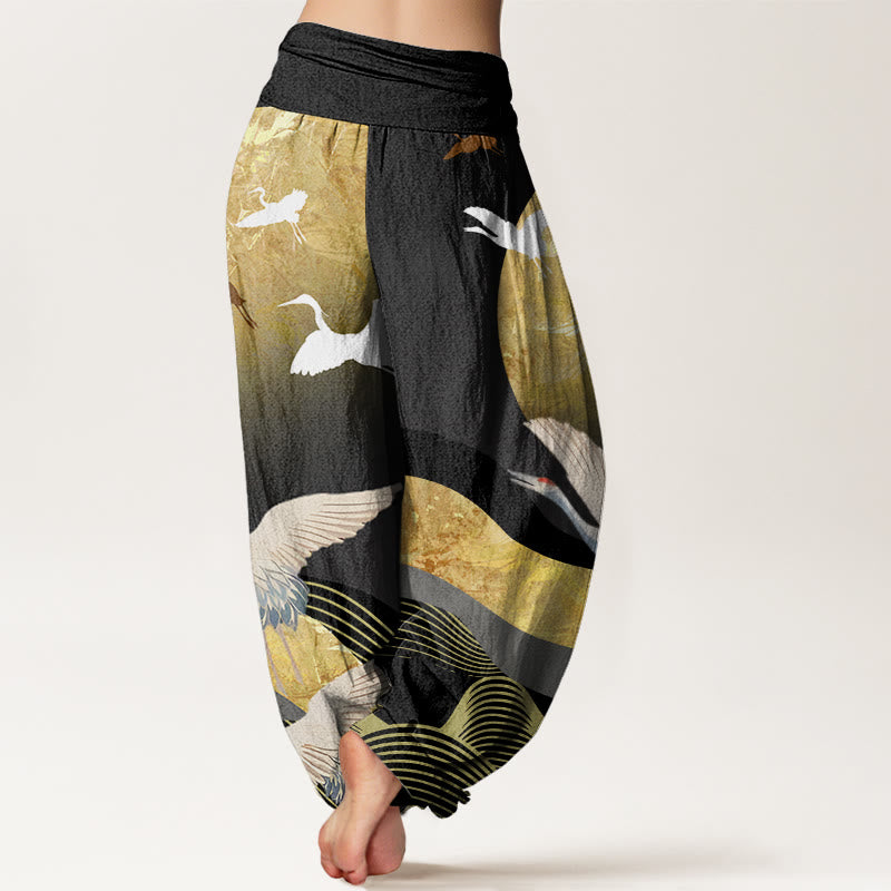 Pantalones harén con cintura elástica para mujer con diseño de ondas solares y grullas de Buddha Stones - image 2