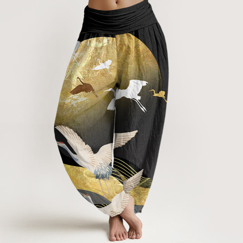 Pantalones harén con cintura elástica para mujer con diseño de ondas solares y grullas de Buddha Stones - Negro - US22，UK/AU26，EU54 (6XL) - image 1