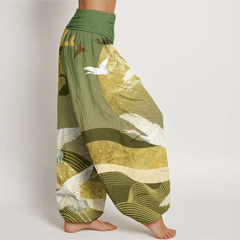 Pantalones harén con cintura elástica para mujer con diseño de ondas solares y grullas de Buddha Stones - image 7