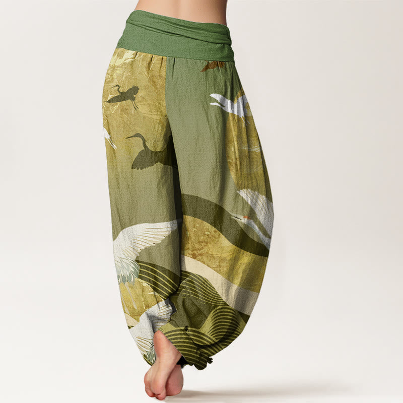 Pantalones harén con cintura elástica para mujer con diseño de ondas solares y grullas de Buddha Stones - image 6