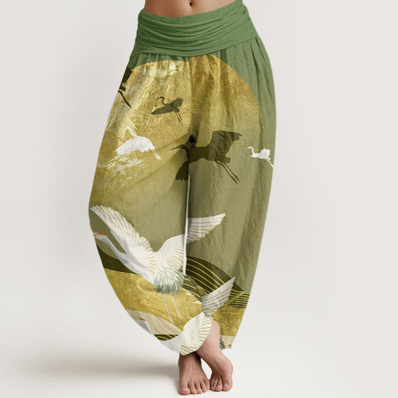 Pantalones harén con cintura elástica para mujer con diseño de ondas solares y grullas de Buddha Stones - Verde bosque - US22，UK/AU26，EU54 (6XL) - image 5