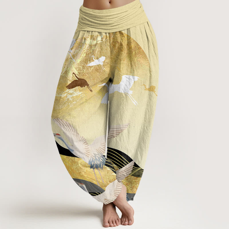 Pantalones harén con cintura elástica para mujer con diseño de ondas solares y grullas de Buddha Stones - LimónChiffon - US22，UK/AU26，EU54 (6XL) - image 8