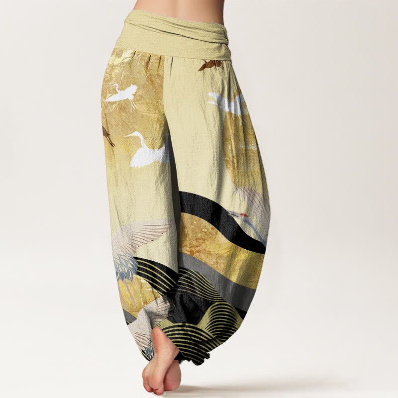 Pantalones harén con cintura elástica para mujer con diseño de ondas solares y grullas de Buddha Stones - image 9