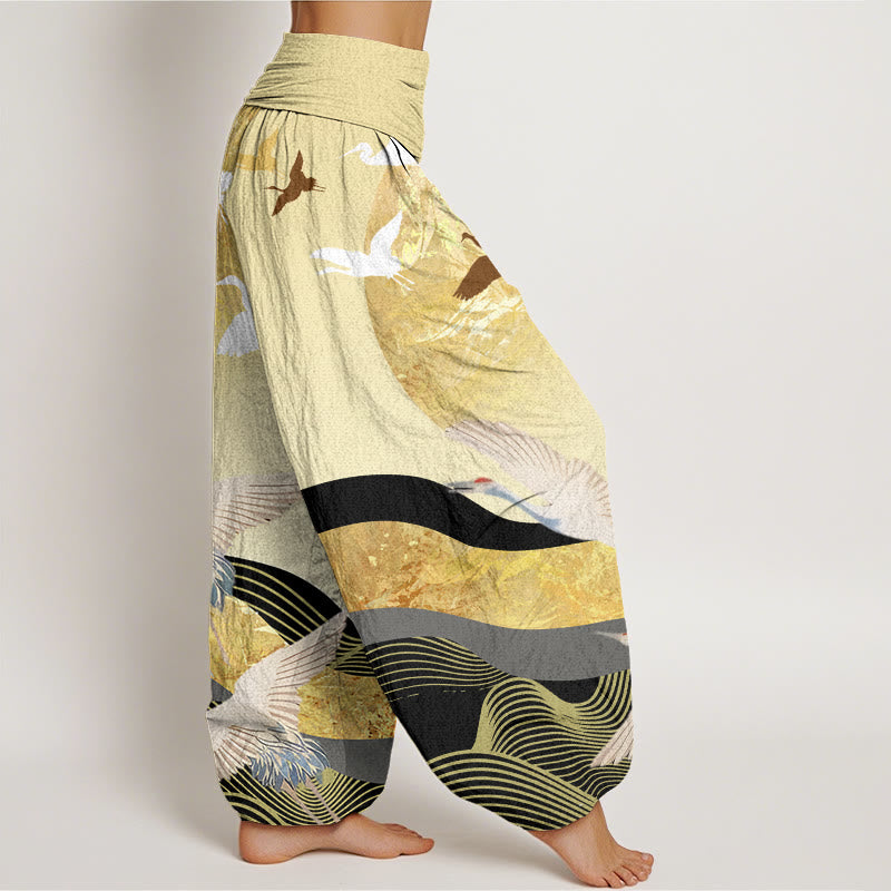 Pantalones harén con cintura elástica para mujer con diseño de ondas solares y grullas de Buddha Stones - image 10