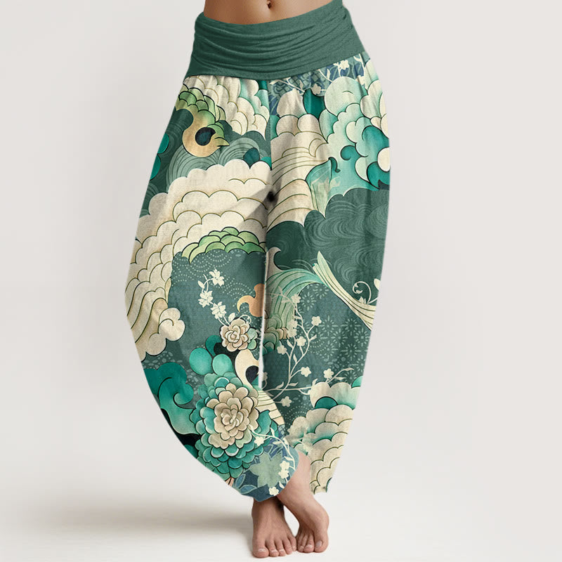 Pantalones harén con cintura elástica para mujer con estampado de ondas florales y Buddha Stones - Verdemar - US22，UK/AU26，EU54 (6XL) - image 1