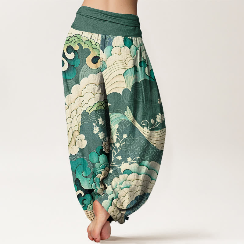 Pantalones harén con cintura elástica para mujer con estampado de ondas florales y Buddha Stones - image 2