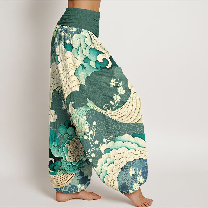 Pantalones harén con cintura elástica para mujer con estampado de ondas florales y Buddha Stones - image 3