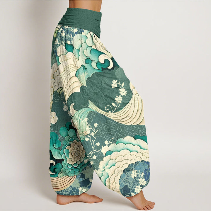 Pantalones harén con cintura elástica para mujer con estampado de ondas florales y Buddha Stones - image 3