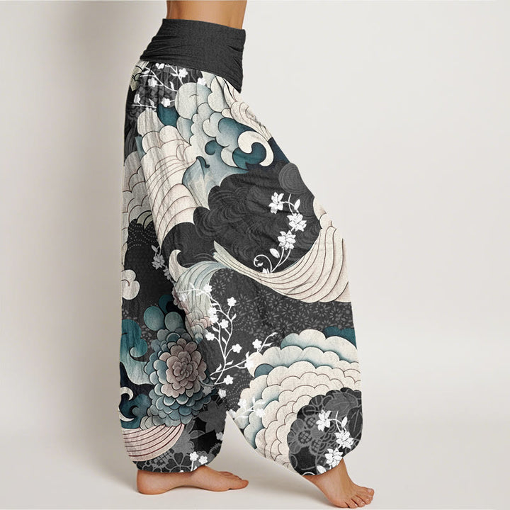 Pantalones harén con cintura elástica para mujer con estampado de ondas florales y Buddha Stones - image 7