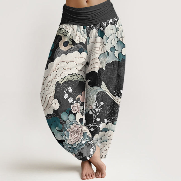 Pantalones harén con cintura elástica para mujer con estampado de ondas florales y Buddha Stones - Negro - US22，UK/AU26，EU54 (6XL) - image 5