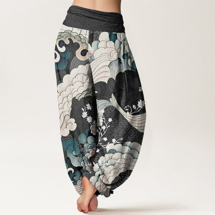 Pantalones harén con cintura elástica para mujer con estampado de ondas florales y Buddha Stones - image 6