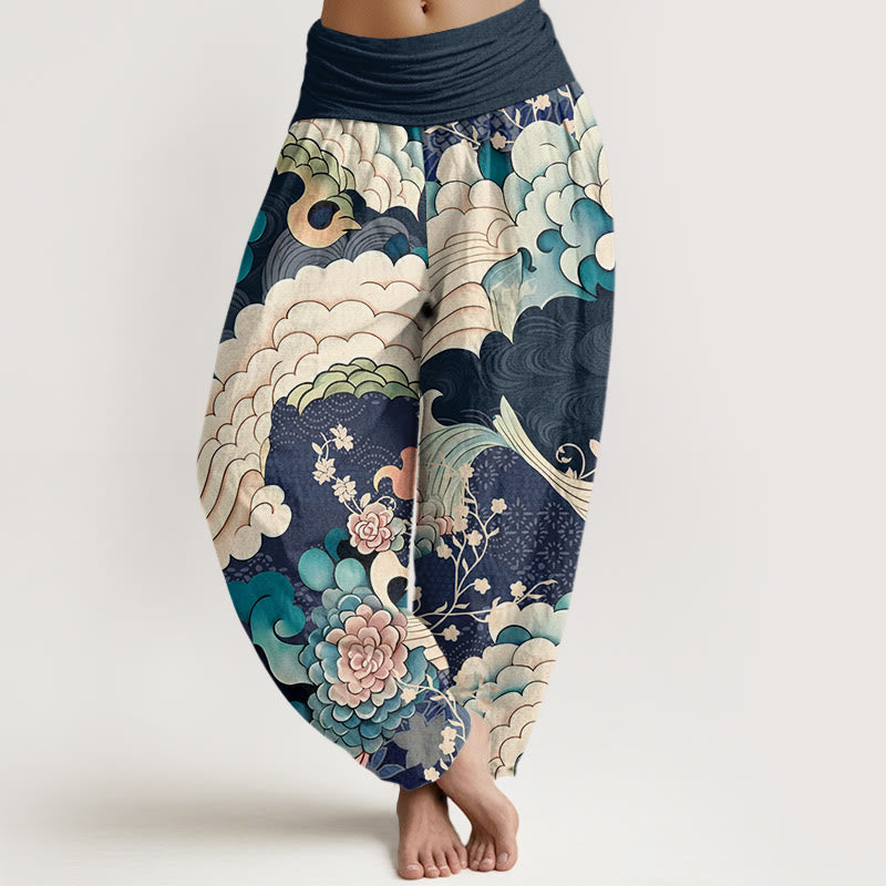 Pantalones harén con cintura elástica para mujer con estampado de ondas florales y Buddha Stones - Azul medianoche - US22，UK/AU26，EU54 (6XL) - image 8